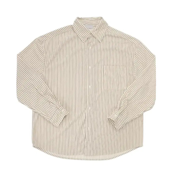 [BUNJANG] Dokle Vertical Stripe Loose Fit Wide Shirt Beige Unisex / 도클 세로 스트라이프 루즈핏 오버핏 와이드 셔츠 베이지 남녀공용 교신가능