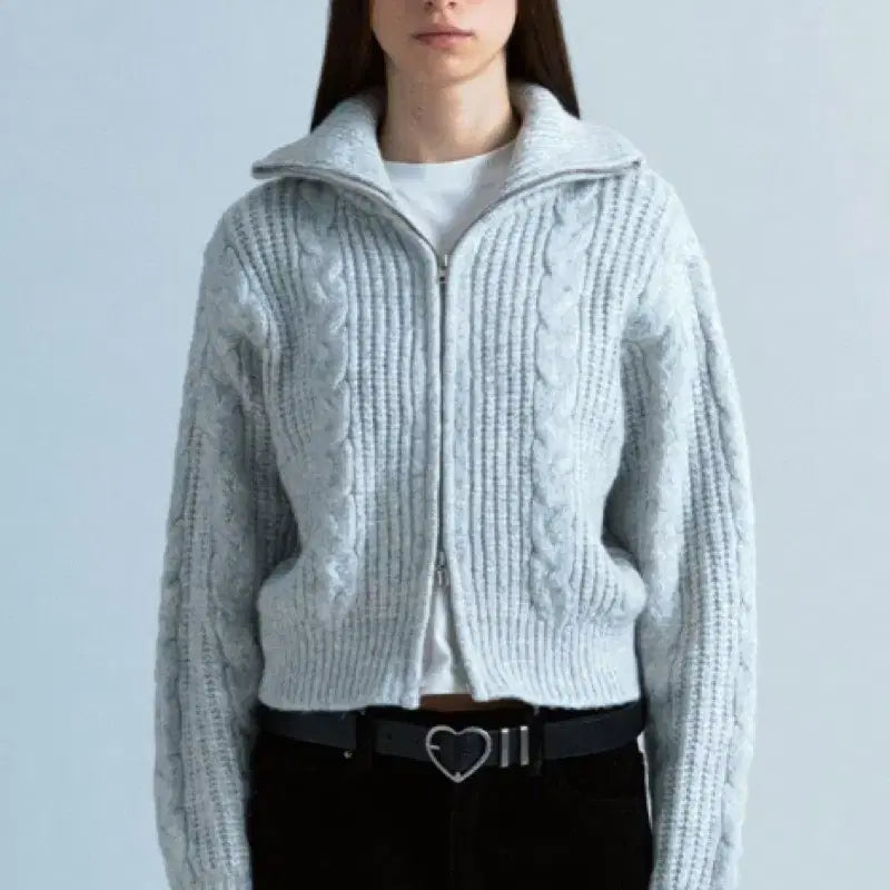 [BUNJANG] Plain Twist Zip-up Knit Cardigan (Light Gray) / 플랙 트위스트 집업 니트 가디건(라이트그레이)