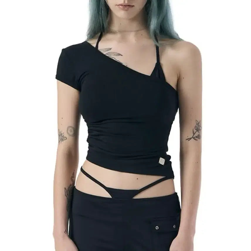[BUNJANG] Bohemian Seoul One Shoulder Shirred Tee Black / 보헤미안서울 보헴서 원숄더 셔링 티 블랙