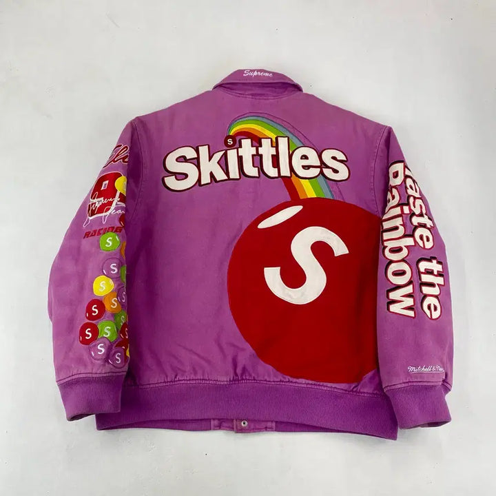 [BUNJANG] Supreme x Skittles x Mitchell & Ness Varsity Jacket / 슈프림 X 스키틀즈 X 미첼앤네스 퍼플 바시티 자켓 (105)