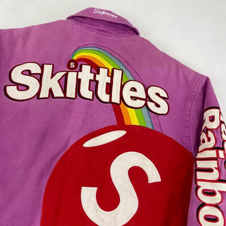 [BUNJANG] Supreme x Skittles x Mitchell & Ness Varsity Jacket / 슈프림 X 스키틀즈 X 미첼앤네스 퍼플 바시티 자켓 (105)