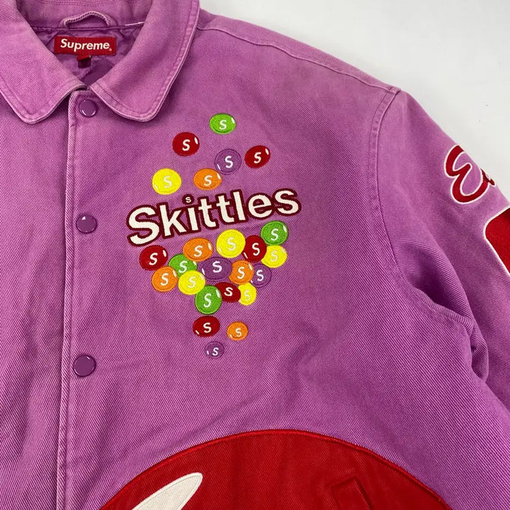 [BUNJANG] Supreme x Skittles x Mitchell & Ness Varsity Jacket / 슈프림 X 스키틀즈 X 미첼앤네스 퍼플 바시티 자켓 (105)