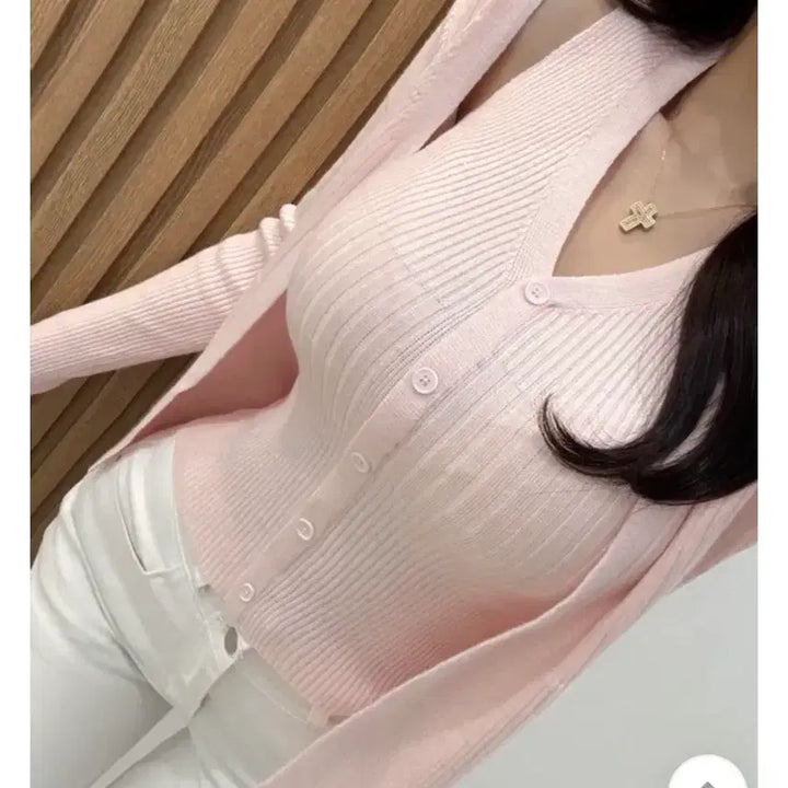 [BUNJANG] Pink Pearl Two-Piece Set / 펄 나시 가디건 투피스 세트 핑크 (새상품)