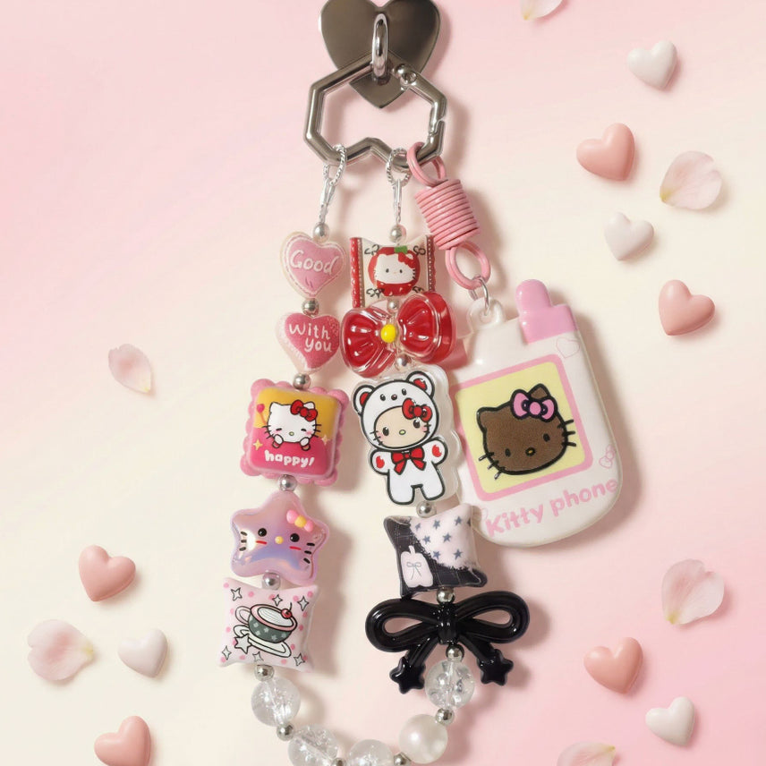 [BUNJANG] Handmade Tanned Kitty Phone Keyring Strap / 핸드메이드 구슬 태닝 탄 키티 폰 키링 스트랩 백꾸 자체제작