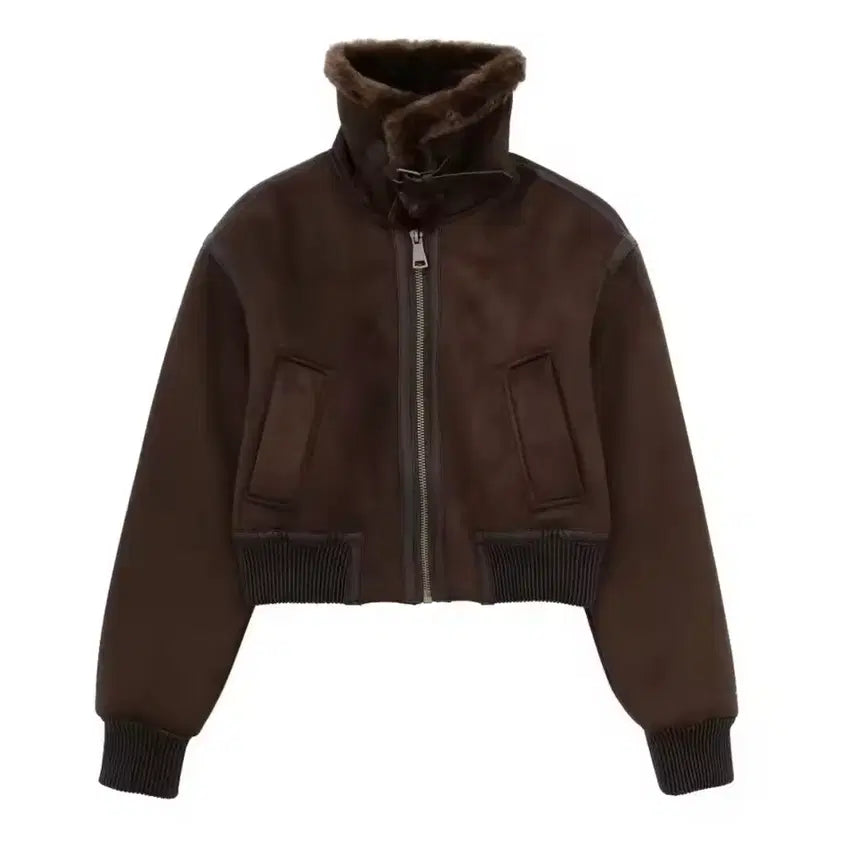 [BUNJANG] Brown Crop Faux Mouton Jacket (S) / 브라운 크롭 무스탕 s