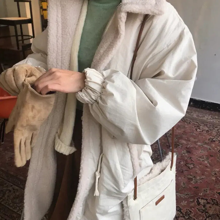 [BUNJANG] Stylenanda High Neck Dumble Long Parka (Cream) / 스타일난다 하이넥카라 덤블 롱파카 (크림컬러) 뽀글이롱코트