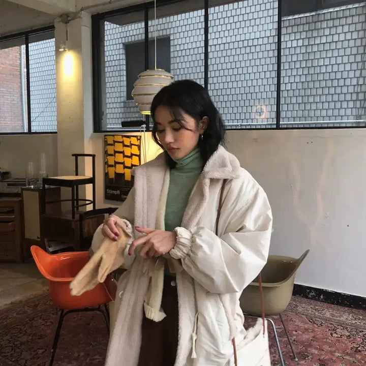 [BUNJANG] Stylenanda High Neck Dumble Long Parka (Cream) / 스타일난다 하이넥카라 덤블 롱파카 (크림컬러) 뽀글이롱코트