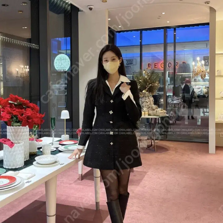 [BUNJANG] Chicks Label Black Tweed Mini Dress / 칙스라벨 카라배색 블랙 트위드 원피스