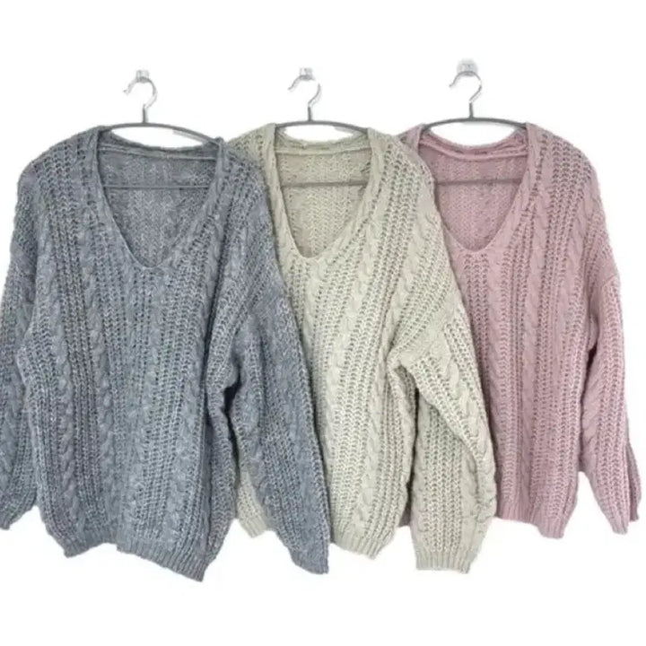 [BUNJANG] Vintage Cable Knit V-Neck Sweater Pink / 빈티지 꽈베기 브이넥 니트 핑크