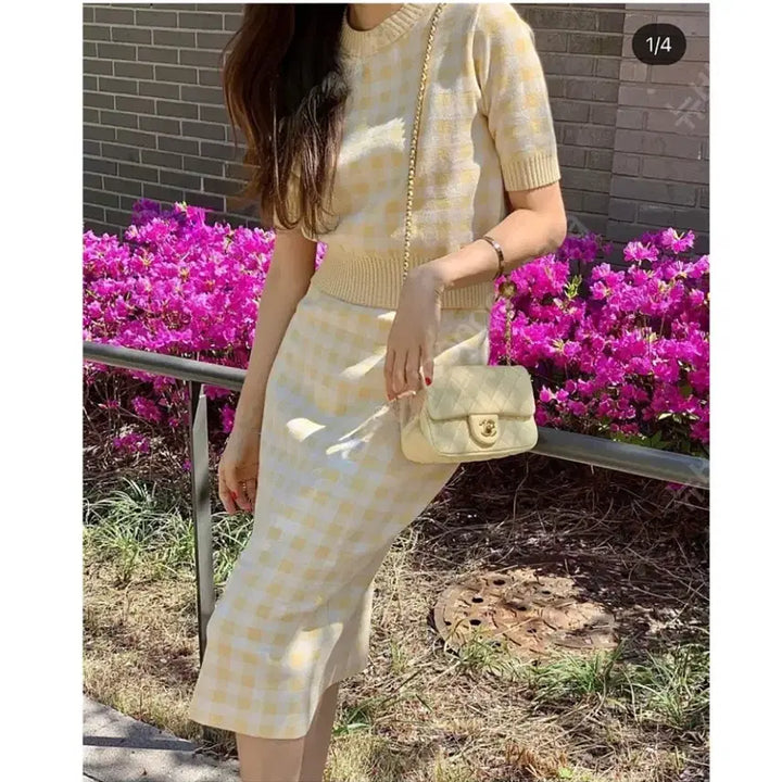 [BUNJANG] R2W Ralla Checkknit Set - Yellow / R2W 레디투웨어 니트셋업 - 옐로우 Ralla checkknit set