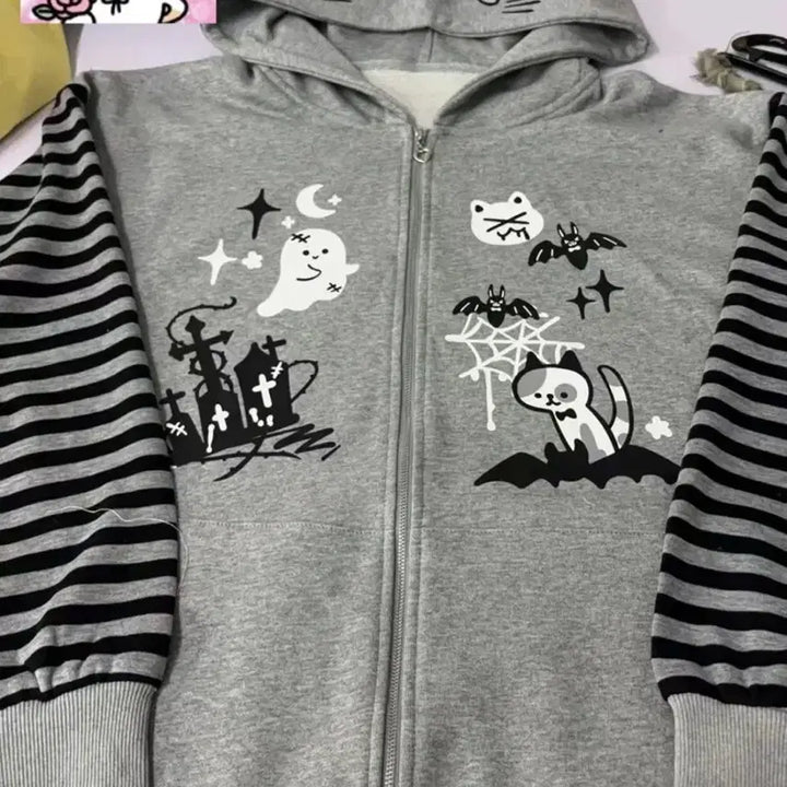 [BUNJANG] Ghost Cat Print Striped Sleeve Hoodie / 지뢰계 고스트 고양이 프린트 스트라이프 슬리브 후드집업
