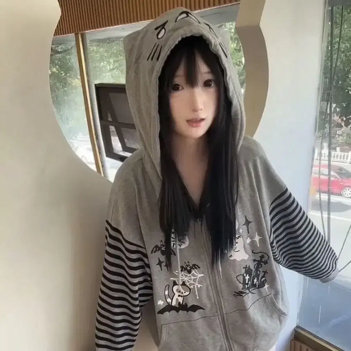 [BUNJANG] Ghost Cat Print Striped Sleeve Hoodie / 지뢰계 고스트 고양이 프린트 스트라이프 슬리브 후드집업