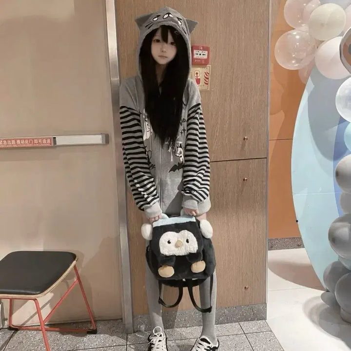 [BUNJANG] Ghost Cat Print Striped Sleeve Hoodie / 지뢰계 고스트 고양이 프린트 스트라이프 슬리브 후드집업