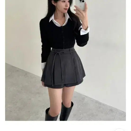 [BUNJANG] Belzede Atto Pinstuck Fleece Mini Skirt / 벨제이드 아토 핀턱 기모 미니스커트 스웨이드 겨울스커트 벨트 플리츠