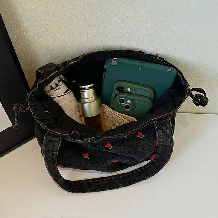 [BUNJANG] Cherry Embroidered Denim Bucket Bag / 체리 자수 데님 복조리백 / 봄 데일리 미니 숄더백