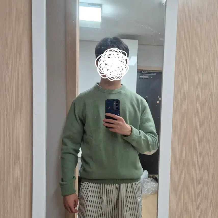 [BUNJANG] ASPESI Elbow Patch Wool Crew Neck Knit Sweater [Green] / ASPESI 아스페시 엘보 패치 울 크루넥 니트 [그린]