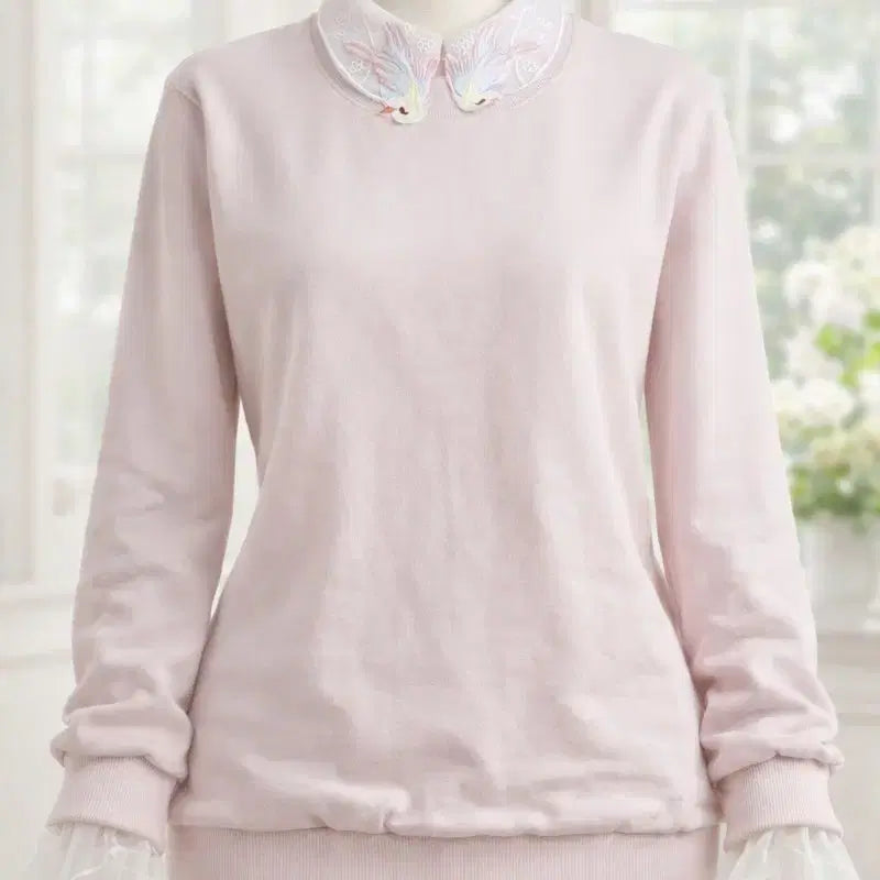 [BUNJANG] Pink Lace Collar Sweatshirt / 레이스 칼라 핑크 맨투맨 티셔츠 66