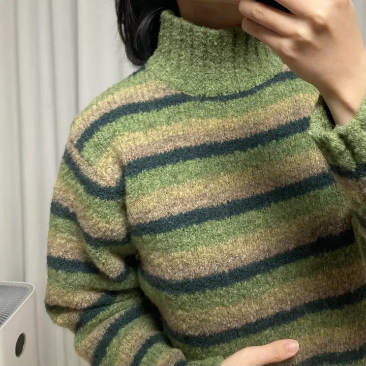 [BUNJANG] BeBe Matcha Stripe Knit Sweater / 착샷O) [일본 빈티지] BeBe 말차 스트라이프 니트 스웨터