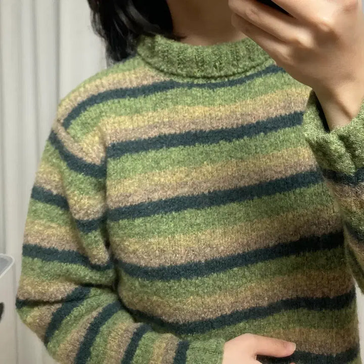 [BUNJANG] BeBe Matcha Stripe Knit Sweater / 착샷O) [일본 빈티지] BeBe 말차 스트라이프 니트 스웨터