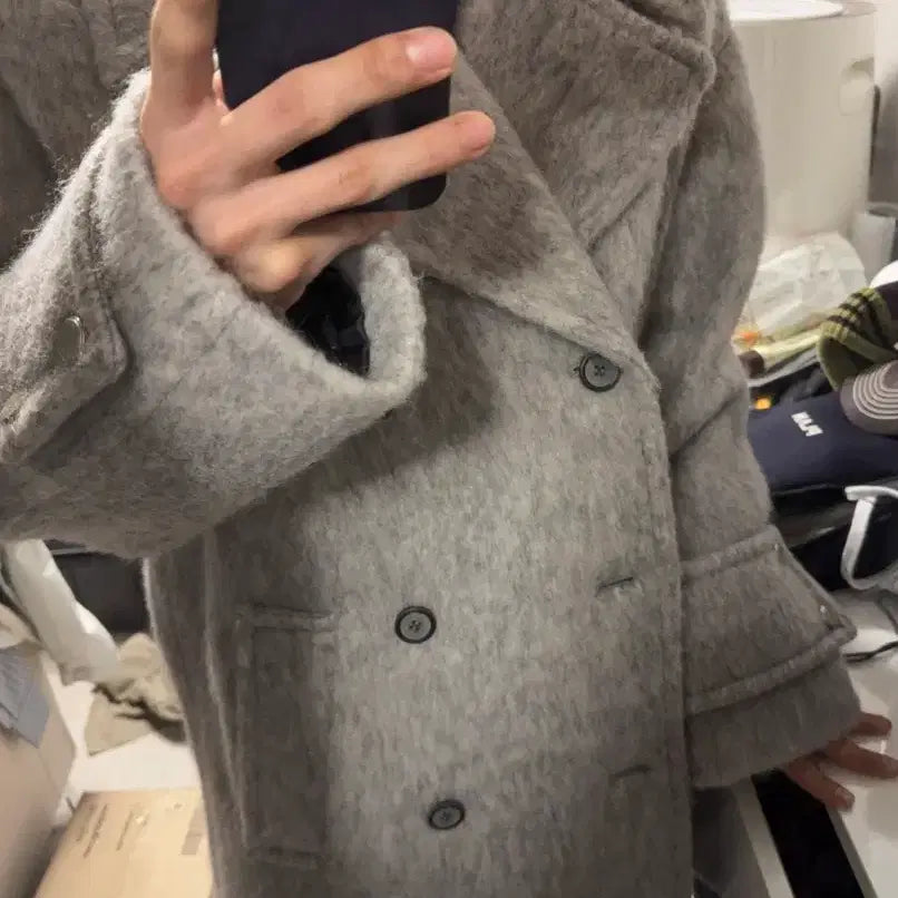 [BUNJANG] Maison Mineed Hairy Oversized Half Coat - Gray / 메종미네드 헤어리 오버사이즈 하프 코트 그레이