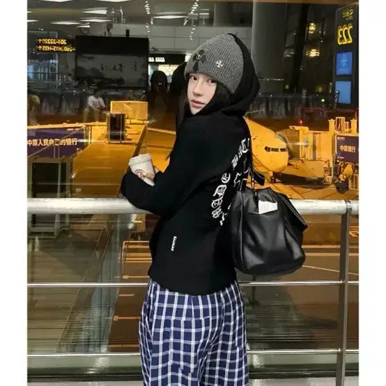 [BUNJANG] Avely Diploma Hoodie Zip-up & Check Pants Set / 에이블리 슬림핏 디플로마 후드집업&체크팬츠 세트