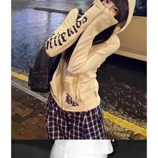 [BUNJANG] Avely Diploma Hoodie Zip-up & Check Pants Set / 에이블리 슬림핏 디플로마 후드집업&체크팬츠 세트