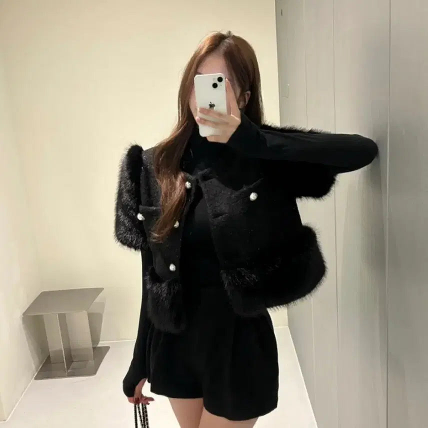 [BUNJANG] Navy Tweed Fur Jacket / 네이비 트위드 퍼 자켓