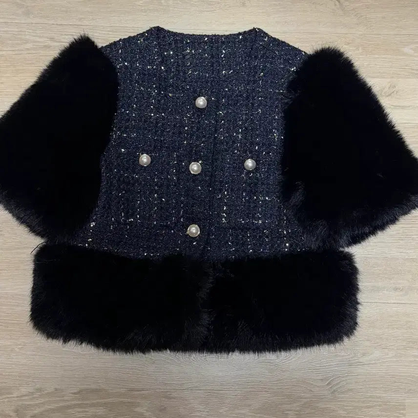 [BUNJANG] Navy Tweed Fur Jacket / 네이비 트위드 퍼 자켓