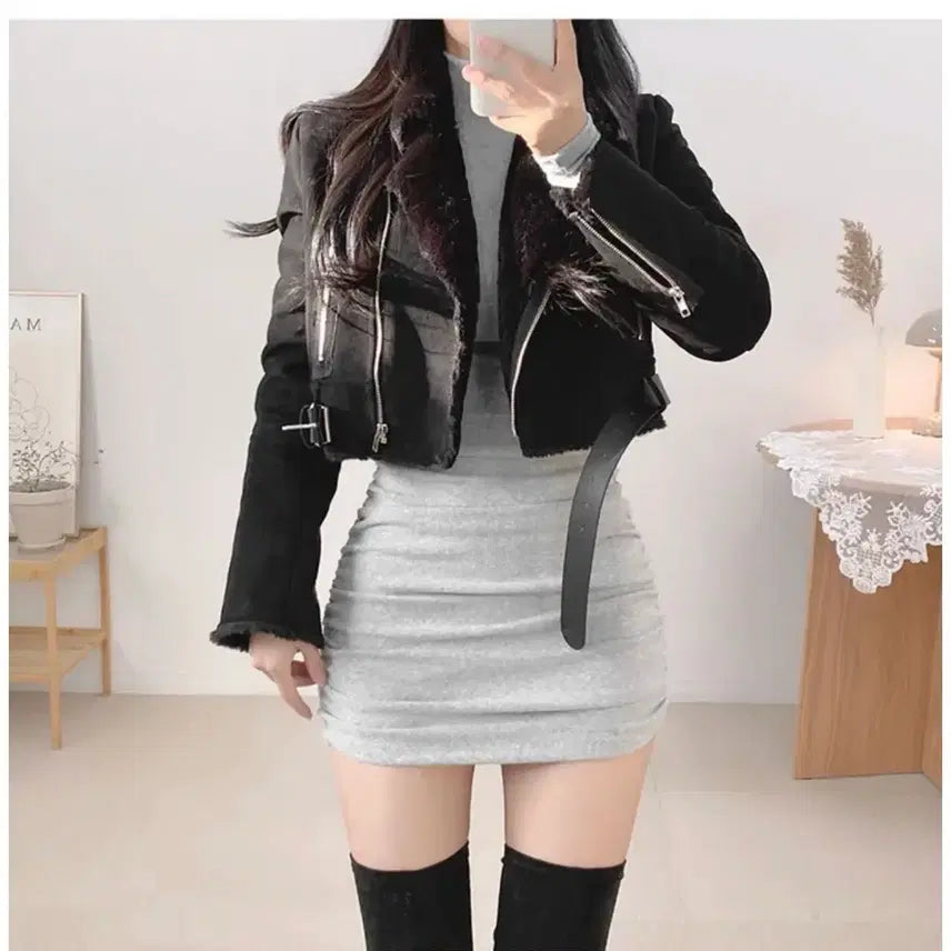 [BUNJANG] Slim Crop Mustang Black / 원가12만원 에이블리 슬림 크롭 무스탕 블랙