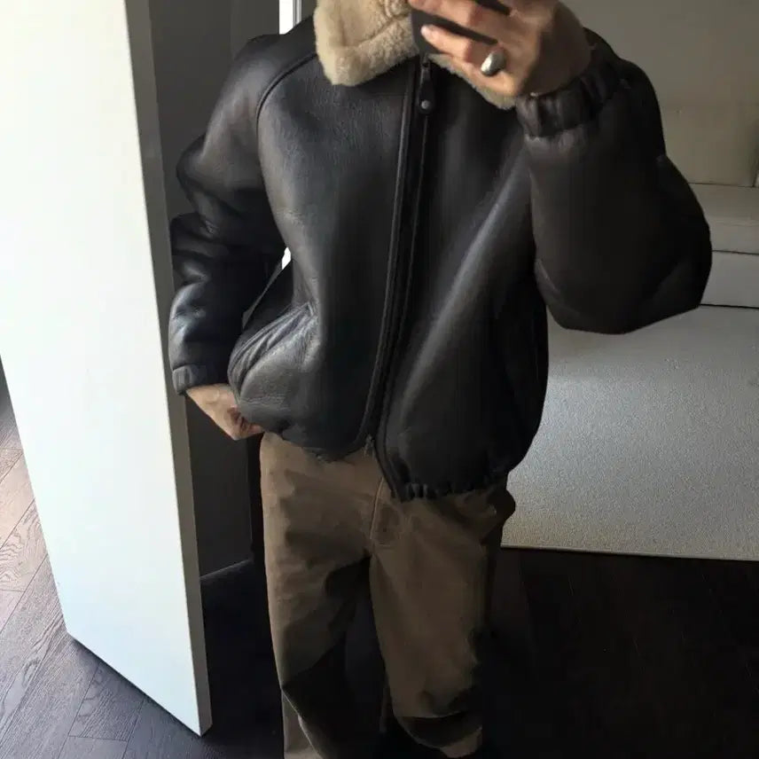 [BUNJANG] Nothing Written Brown Leather Shearling Jacket / 낫띵리튼 브라운 레더 시어링 자켓