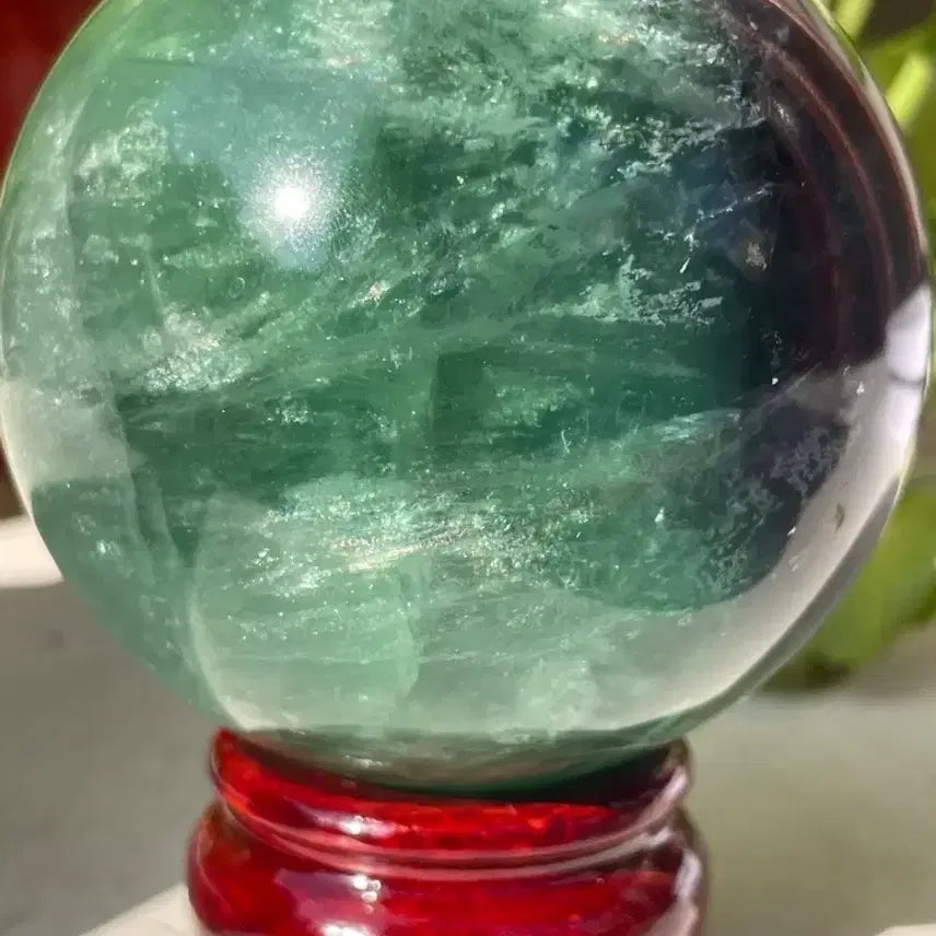 [BUNJANG] Natural Fluorite Sphere with Wooden Stand / 천연 플루오라이트 원석 구체 (받침대 포함)