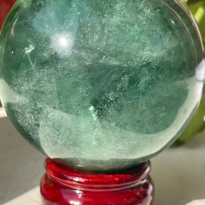[BUNJANG] Natural Fluorite Sphere with Wooden Stand / 천연 플루오라이트 원석 구체 (받침대 포함)
