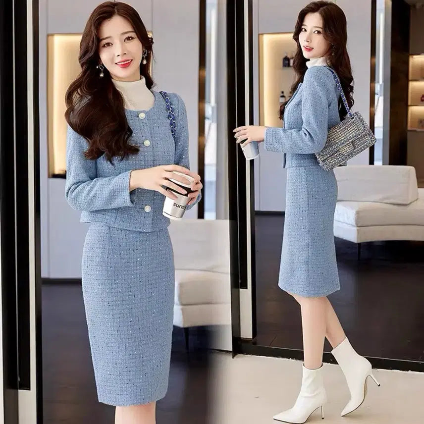 [BUNJANG] Blue Tweed Two-Piece Set for Women / 블루 트위드 셋업 겨울 하객룩 투피스 정장세트 XXL사이즈(77~88)