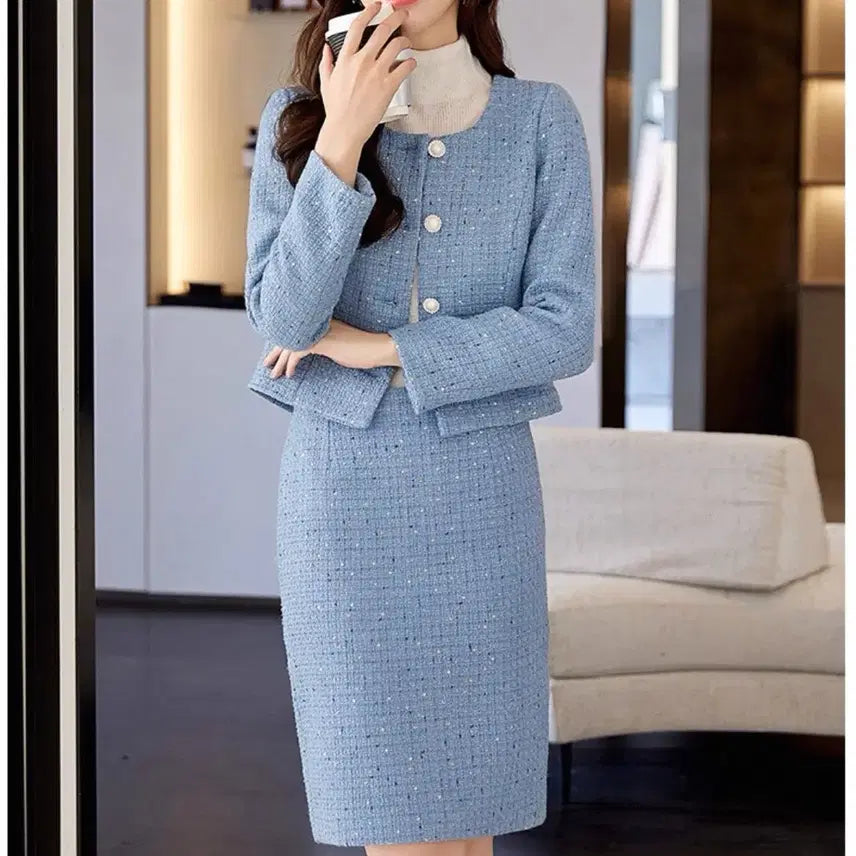 [BUNJANG] Blue Tweed Two-Piece Set for Women / 블루 트위드 셋업 겨울 하객룩 투피스 정장세트 XXL사이즈(77~88)