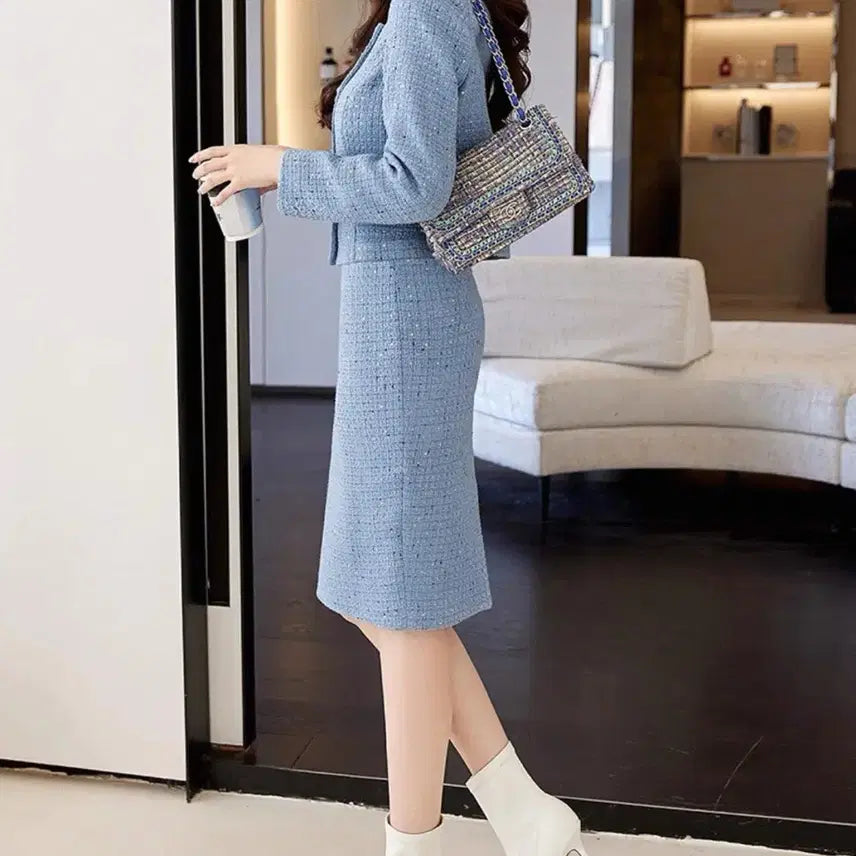 [BUNJANG] Blue Tweed Two-Piece Set for Women / 블루 트위드 셋업 겨울 하객룩 투피스 정장세트 XXL사이즈(77~88)