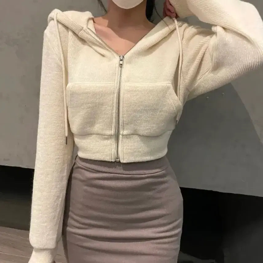 [BUNJANG] Hoodie Crop Ivory Hoodie Zip-up / 후드 크롭 아이보리 후드집업