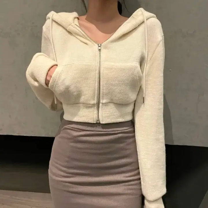 [BUNJANG] Hoodie Crop Ivory Hoodie Zip-up / 후드 크롭 아이보리 후드집업