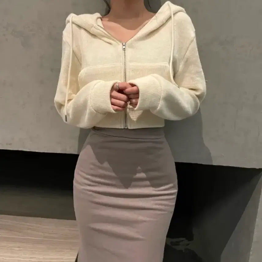 [BUNJANG] Hoodie Crop Ivory Hoodie Zip-up / 후드 크롭 아이보리 후드집업