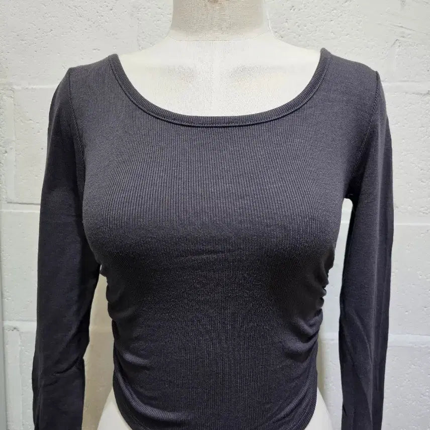 [BUNJANG] Basic Crop Top / 밑단u 안감기모 크롭 옆셔링 긴팔- 차콜