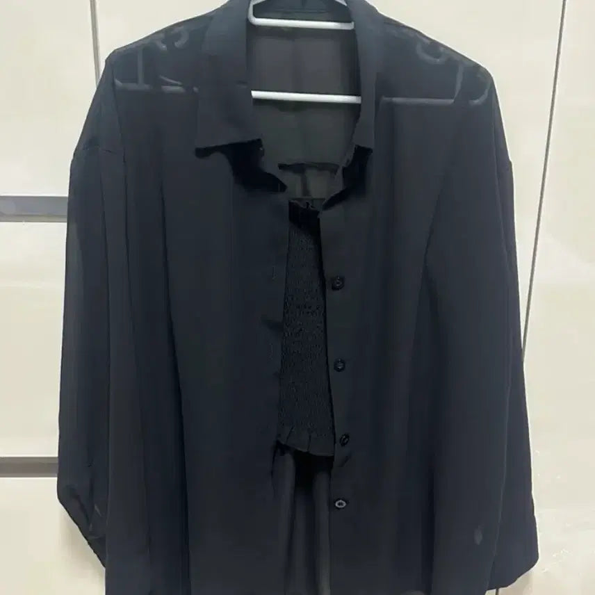 [BUNJANG] Black See-Through Shirt + Tank Top Set / 블랙 시스루 셔츠 + 나시 세트