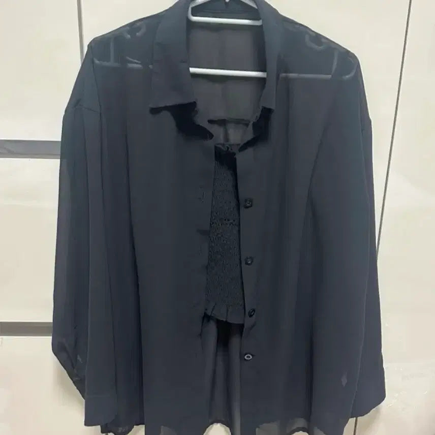 [BUNJANG] Black See-Through Shirt + Tank Top Set / 블랙 시스루 셔츠 + 나시 세트