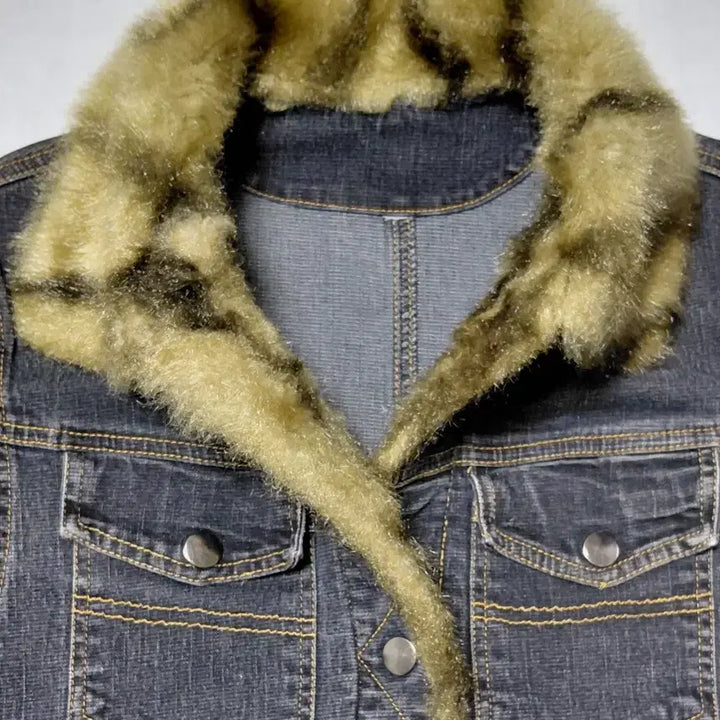 [BUNJANG] ICHIOKU Leopard Fur Denim Jacket / 할인!! [S] 이치오쿠 ICHIOKU 레오파드 퍼 데님 자켓