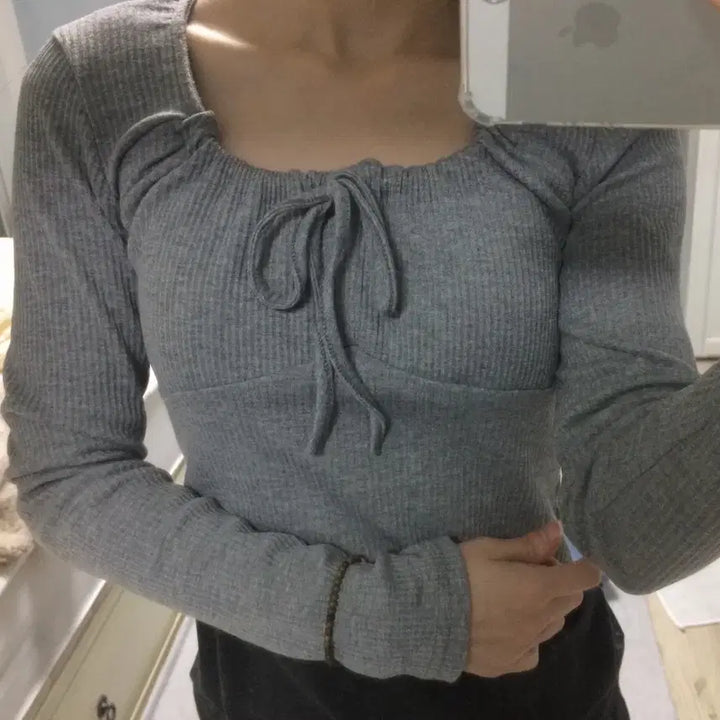 [BUNJANG] Square Ribbed Ribbon T-shirt / 스퀘어 골지 리본 티셔츠