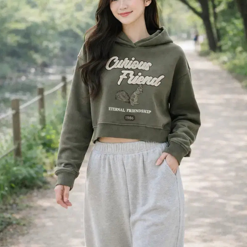 [BUNJANG] 8seconds Khaki Crop Hooded Sweatshirt / [여자-80 (XS)]에잇세컨즈 기모 크롭 후드 스웨트셔츠