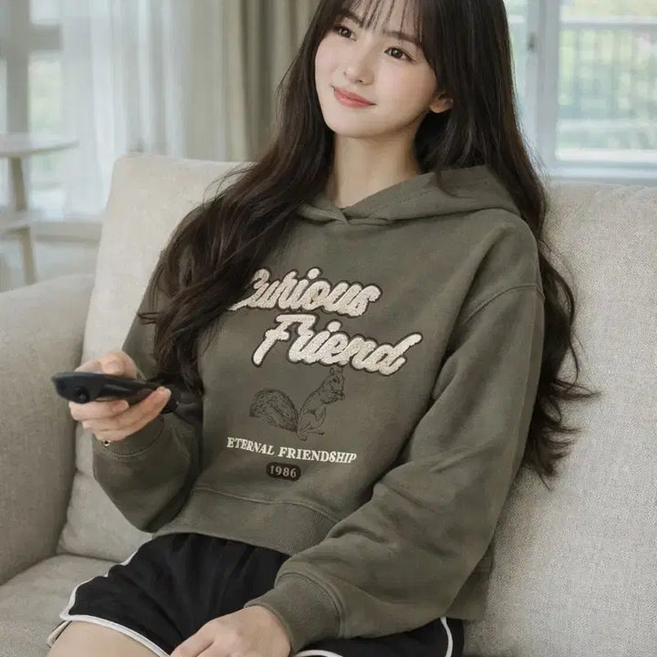 [BUNJANG] 8seconds Khaki Crop Hooded Sweatshirt / [여자-80 (XS)]에잇세컨즈 기모 크롭 후드 스웨트셔츠