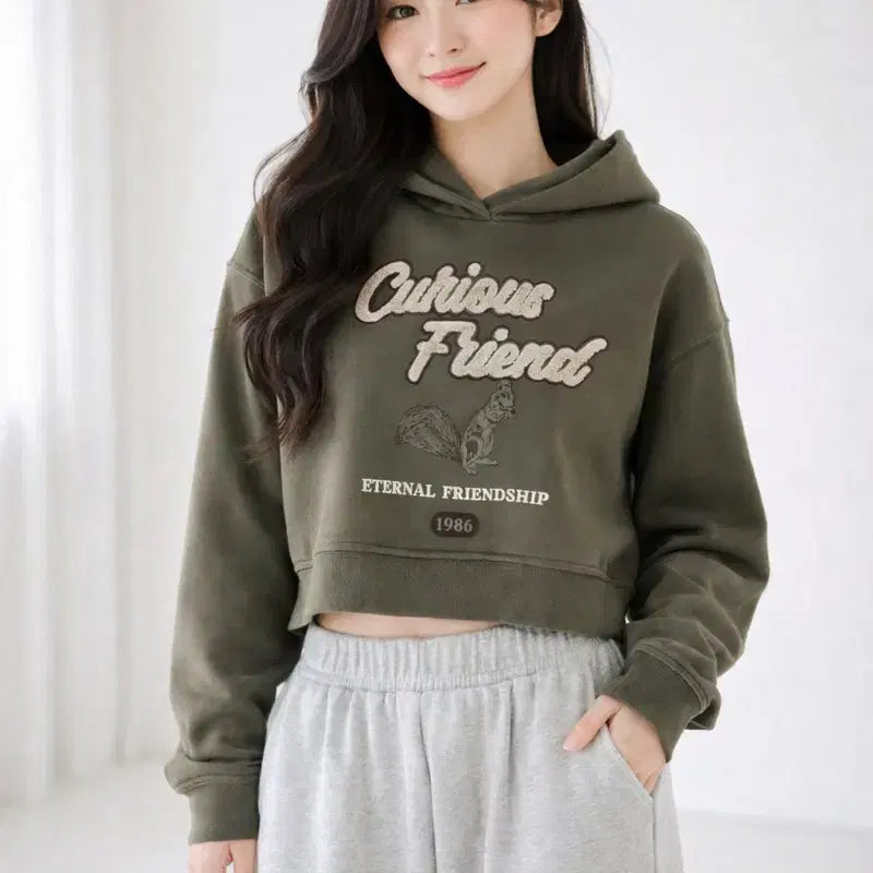 [BUNJANG] 8seconds Khaki Crop Hooded Sweatshirt / [여자-80 (XS)]에잇세컨즈 기모 크롭 후드 스웨트셔츠