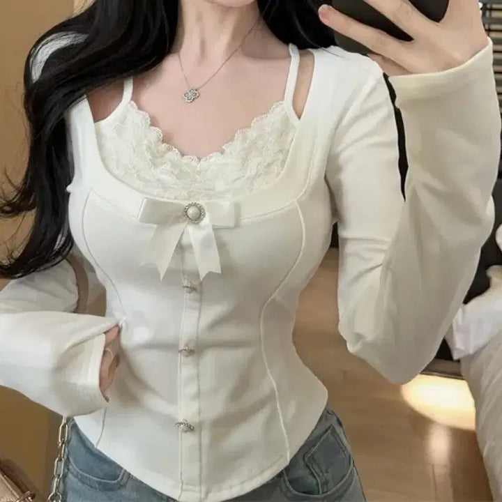 [BUNJANG] Ablie Balletcore Ribbon Knit Blouse / (새거) 에이블리 발레코어 리본 니트 블라우스 긴팔 티