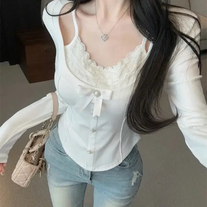 [BUNJANG] Ablie Balletcore Ribbon Knit Blouse / (새거) 에이블리 발레코어 리본 니트 블라우스 긴팔 티