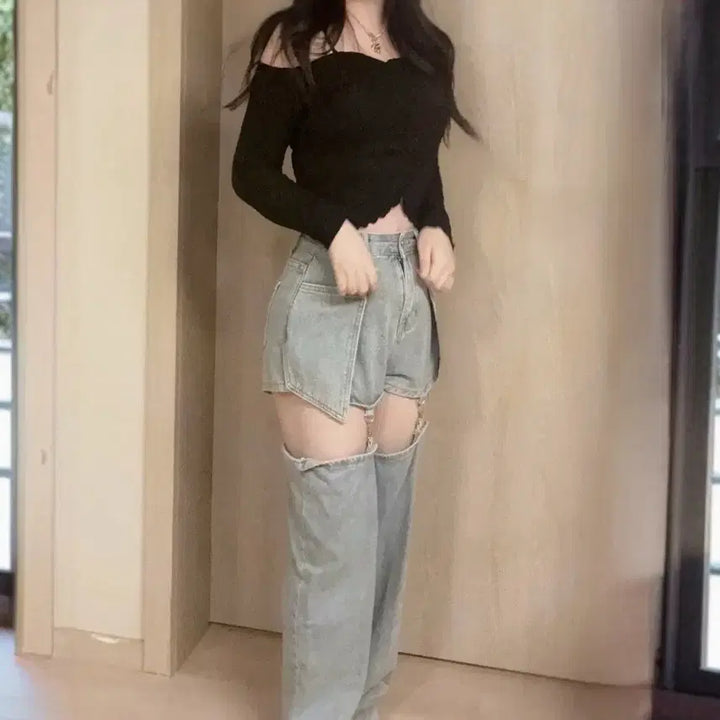 [BUNJANG] Japanese Black Shirred Off-Shoulder Denim Leg Warmer Detachable Pants Set / 개강여신 블랙 셔링 오프숄더 연청 데님 레그 워머 탈부착 팬츠 코디세트