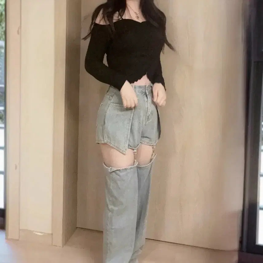 [BUNJANG] Japanese Black Shirred Off-Shoulder Denim Leg Warmer Detachable Pants Set / 개강여신 블랙 셔링 오프숄더 연청 데님 레그 워머 탈부착 팬츠 코디세트